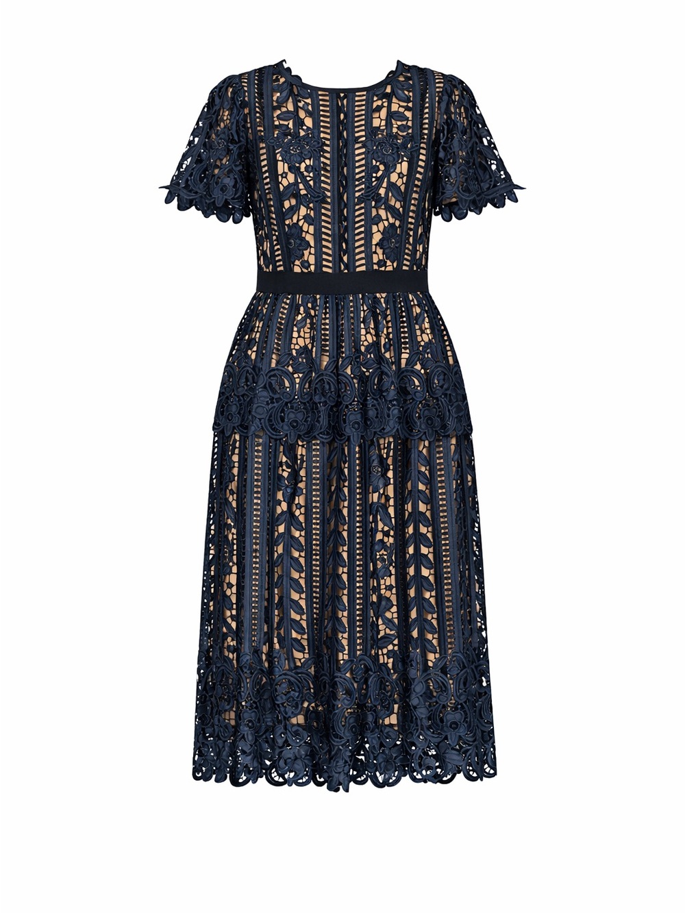 Self-Portrait Midnight Blue lace and Tan Midi Dress with Flutter Sleeves